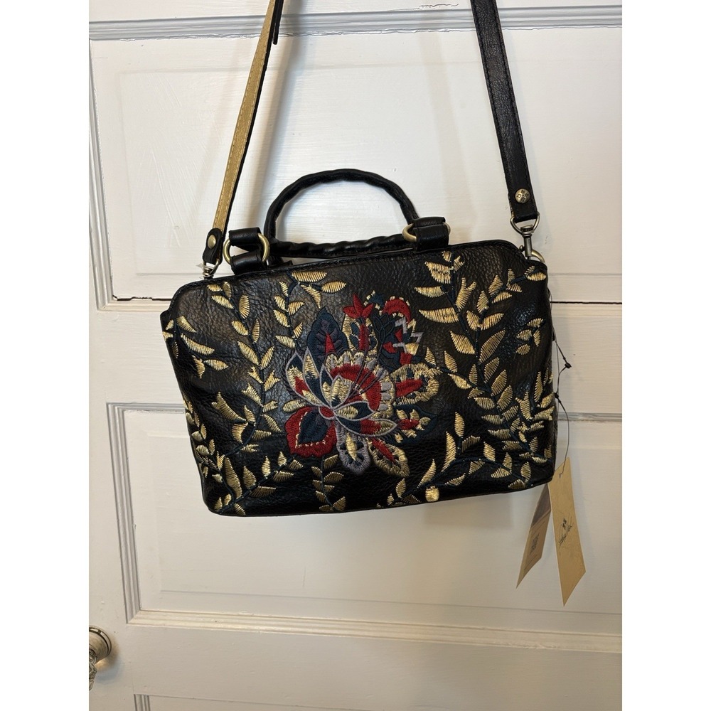 Patricia Nash Angelin Black Leather Floral Embroidered Satchel Crossbody Bag